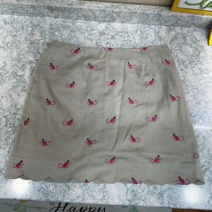 Lilly Pulitzer Mini Skirt 10 Khaki Pink Monkey Embroidered Scalloped Hem Cotton